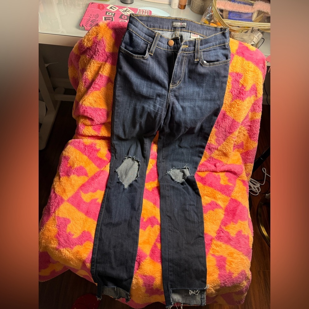 Fashion Nova Dark Blue Distressed Skinny Jeans